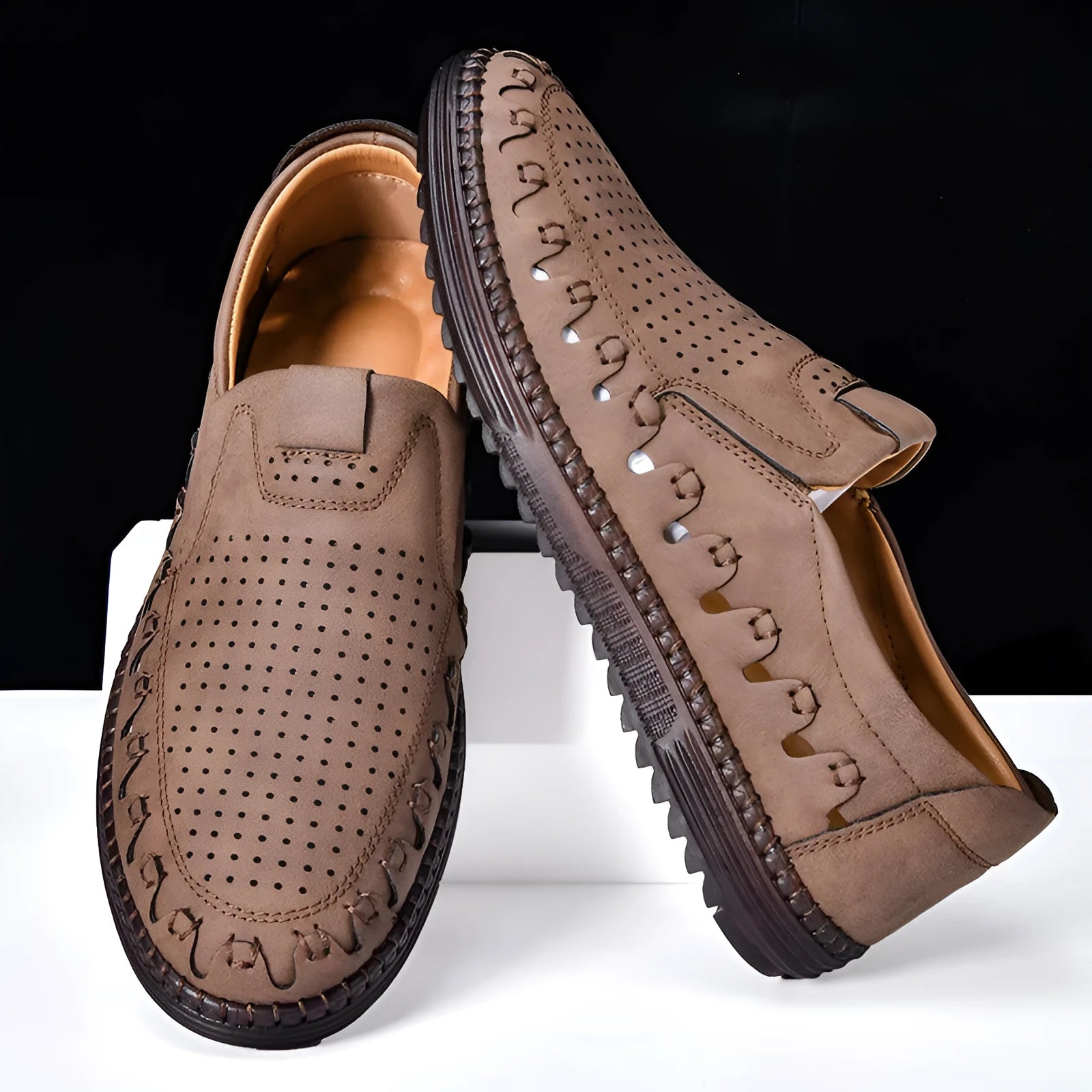 Men's brown leather slip-on casual shoes with round toe and flat PVC sole