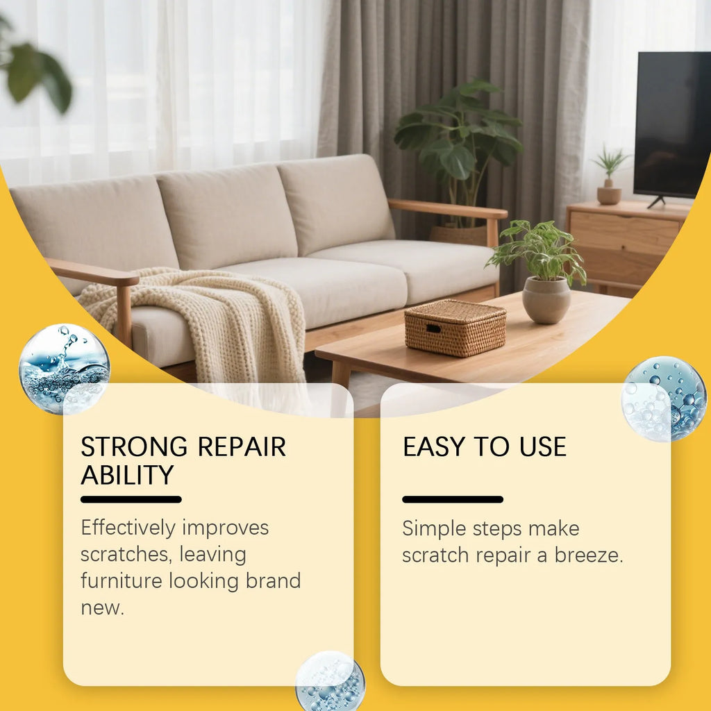 Wooden furniture scratch care kit showing 100ml polish bottle and 20x20cm microfiber towel for surface maintenance
