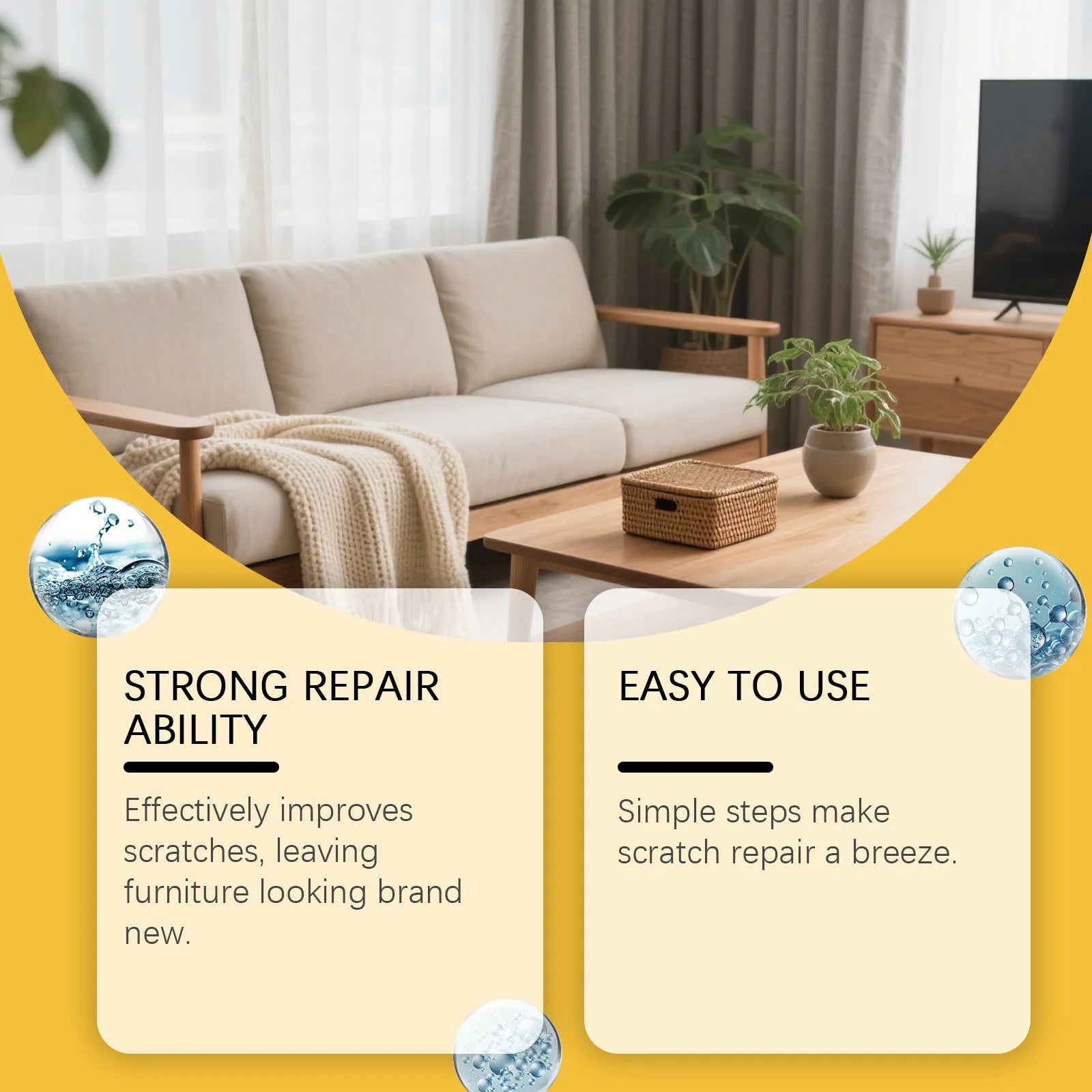 Wooden furniture scratch care kit showing 100ml polish bottle and 20x20cm microfiber towel for surface maintenance
