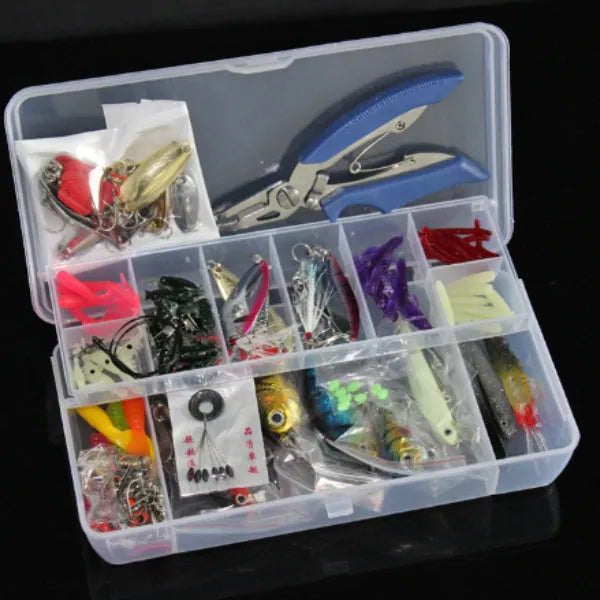 132-piece fishing lure suit with soft baits and hooks in rose red treasure colour