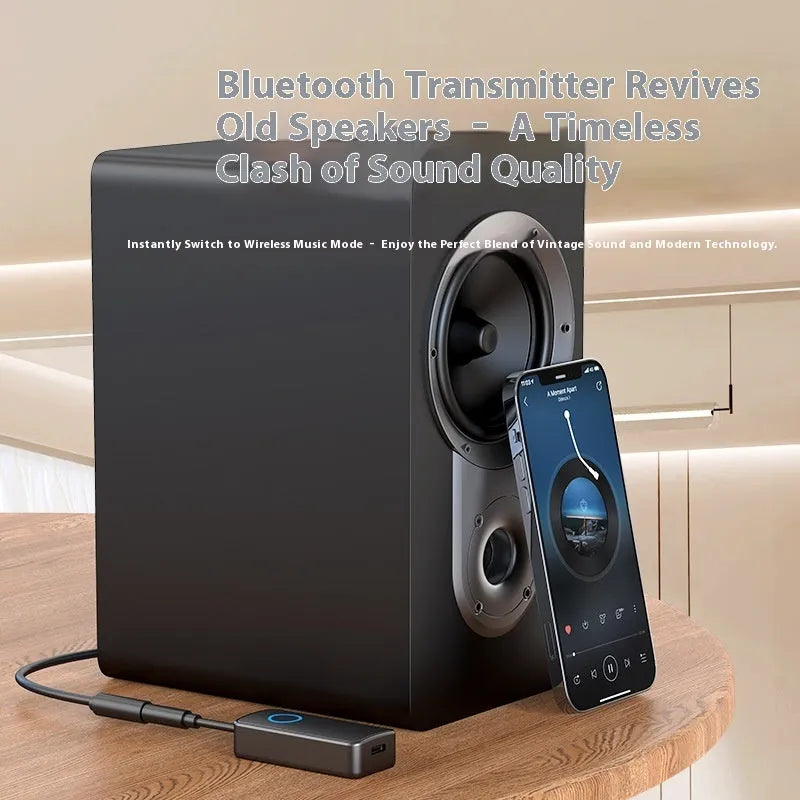 Black Bluetooth 5.4 audio adapter with flexible 3.5mm plug for wireless streaming to car stereos and headphones.