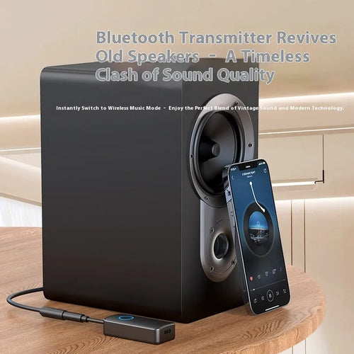 Black Bluetooth 5.4 audio adapter with flexible 3.5mm plug for wireless streaming to car stereos and headphones.