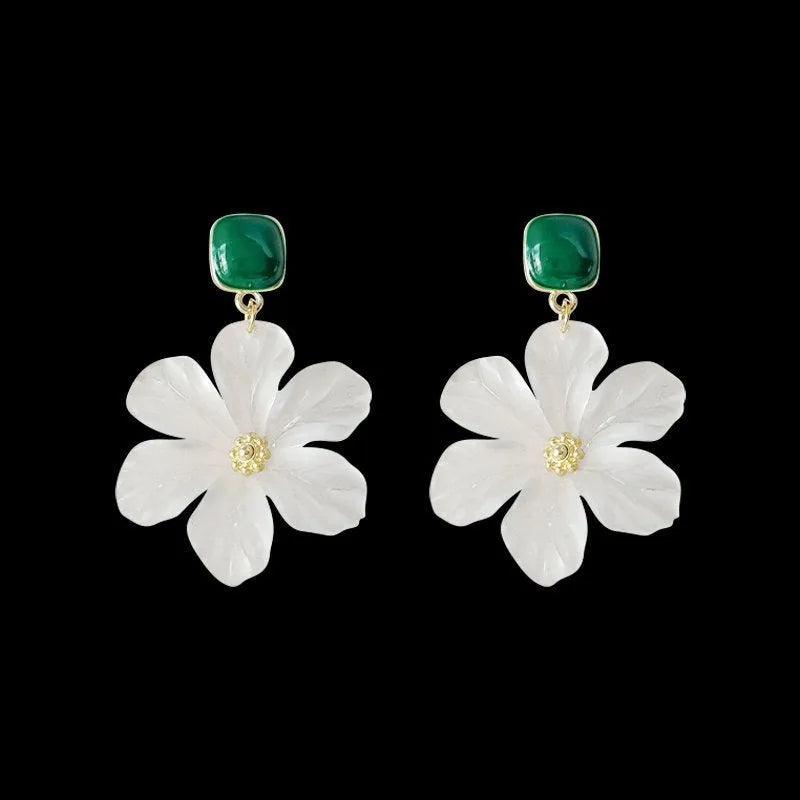 Dark green alloy earrings with needle flowers sweet design for women