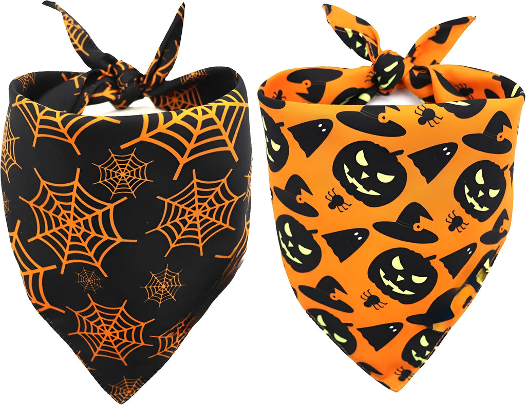 Reversible Halloween dog bandana showing pumpkin and spider web patterns in black and orange colours
