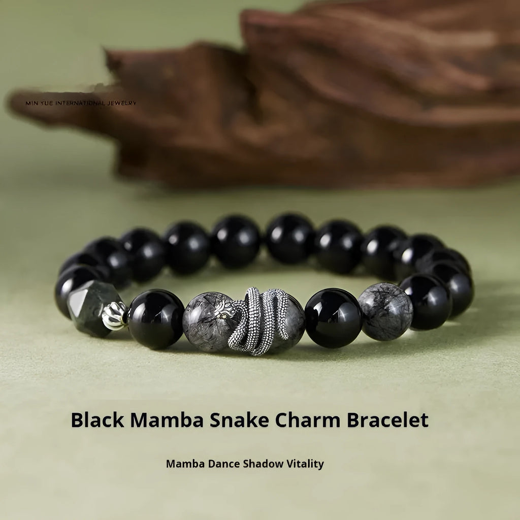 Men's retro snake bracelet in 925 sterling silver with 10mm obsidian black hair crystal