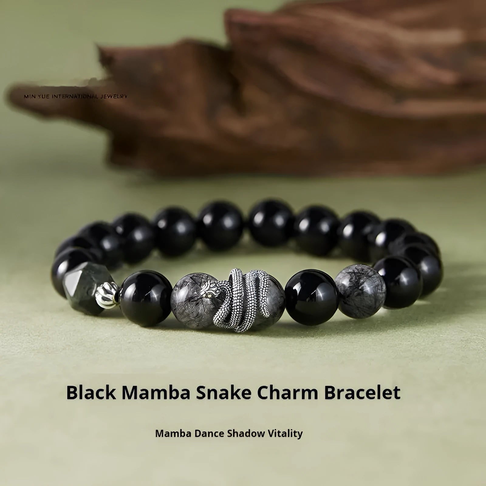 Men's retro snake bracelet in 925 sterling silver with 10mm obsidian black hair crystal