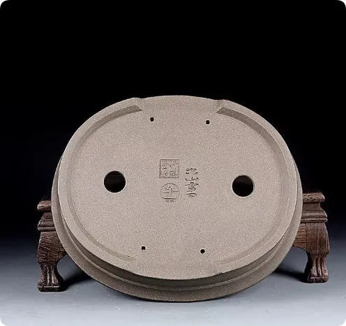 Handmade antique oval purple sand bonsai pot measuring 25x21x6.3cm