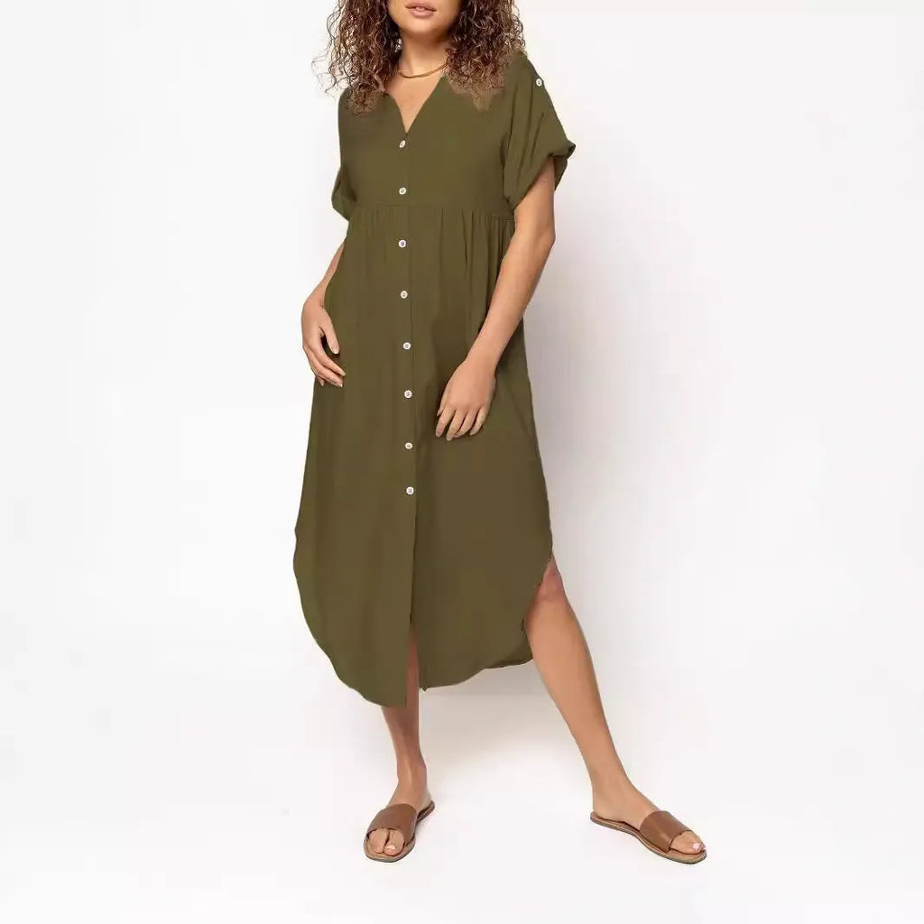 A mid-length casual dress with button detail on the front, shown in a solid colour.