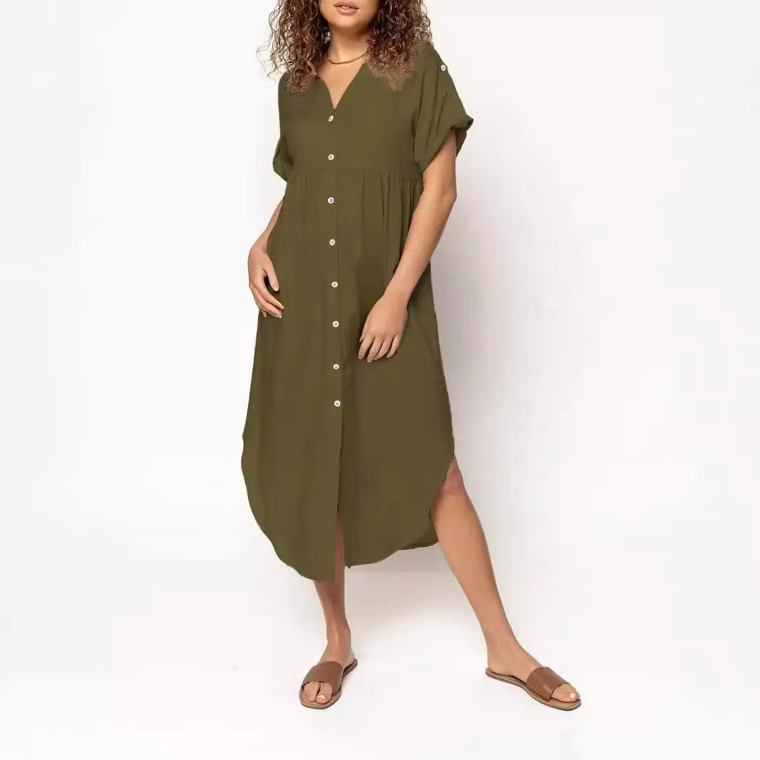A mid-length casual dress with button detail on the front, shown in a solid colour.