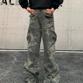 Washed camouflage cotton-blend cargo trousers with multiple pockets, shown in a Korean-style mid-waist fit.