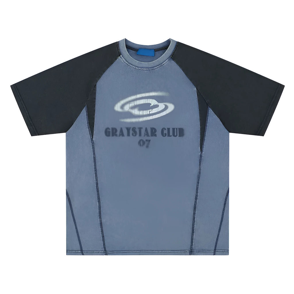 Men's blue raglan sleeve t-shirt with large white letter print in loose fit style