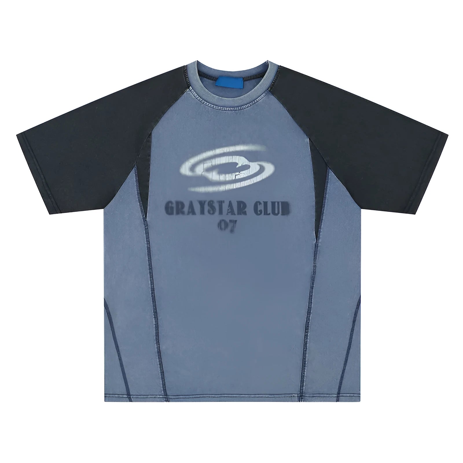 Men's blue raglan sleeve t-shirt with large white letter print in loose fit style