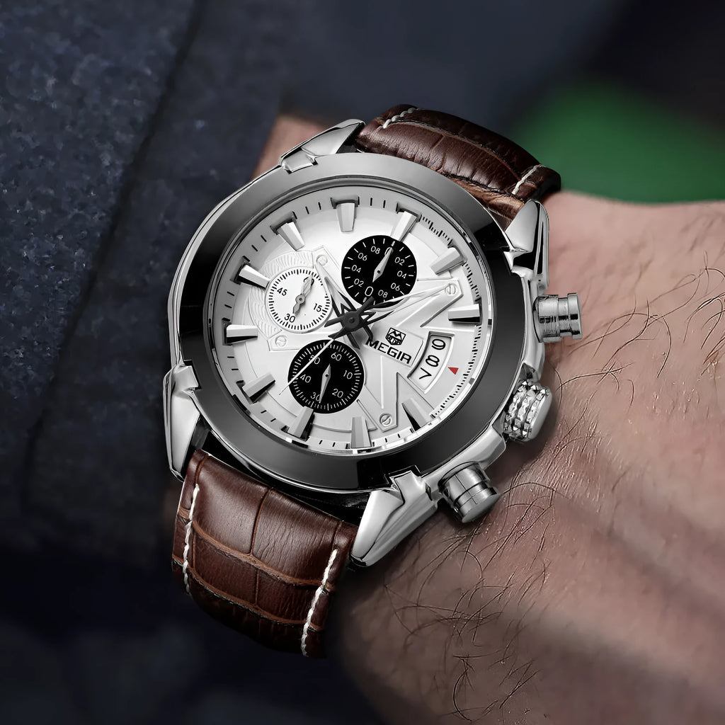Men's quartz chronograph watch with three subdials showing black dial option