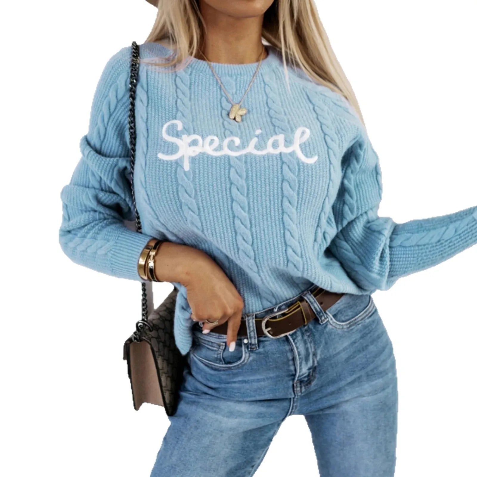 Blue crew neck pullover with embroidered letters design on chest