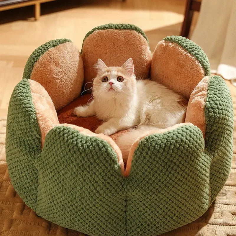 Green cactus petal shape plush pet bed for cats and dogs on hardwood floor