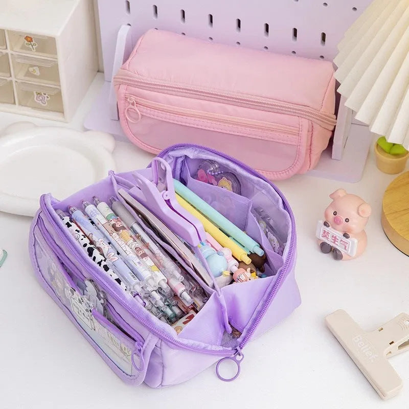 Ten-layer flip canvas pencil case unfolded showing multiple compartments, in Latte Coffee Colour.