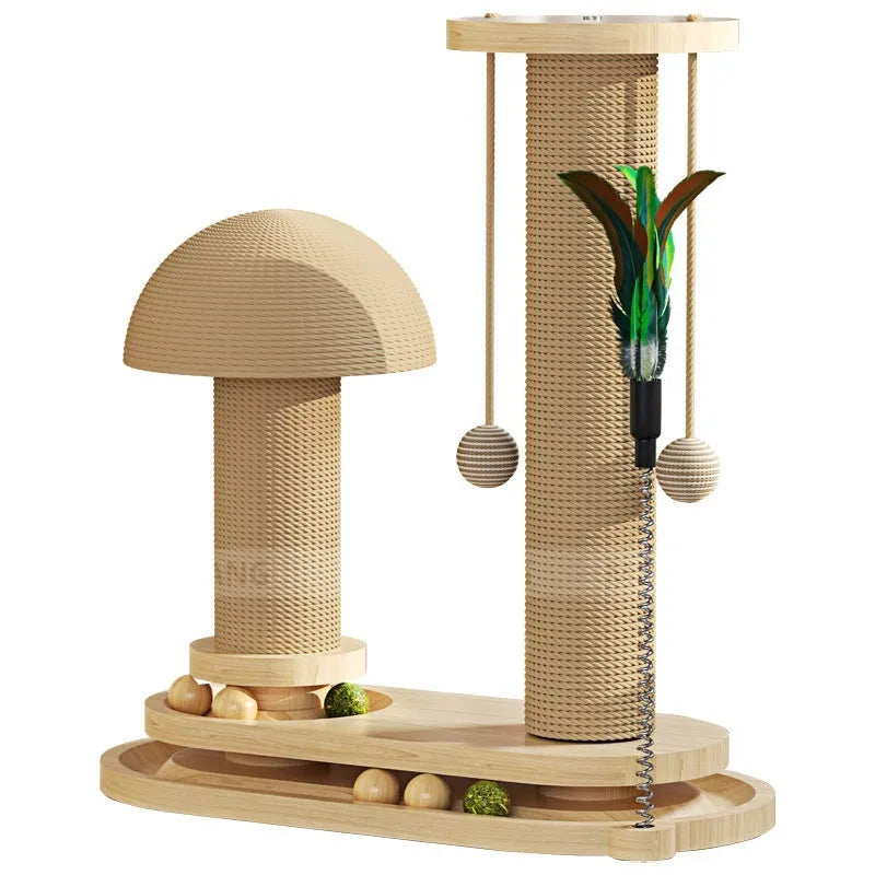 Solid wood cat scratching post with turntable and climbing frame in natural wood finish