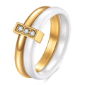 Ceramic geometric ring with glossy stitching inlaid zirconium in steel black colour