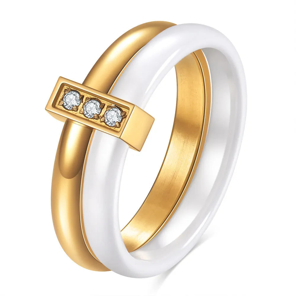 Ceramic geometric ring with glossy stitching inlaid zirconium in steel black colour