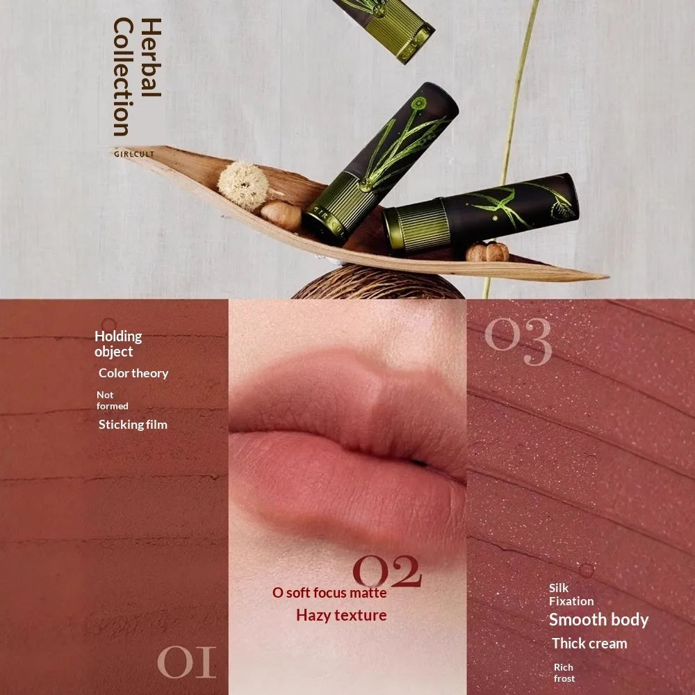 Matte natural brown lipstick in nude earth tone shade with long-lasting formula on a white background