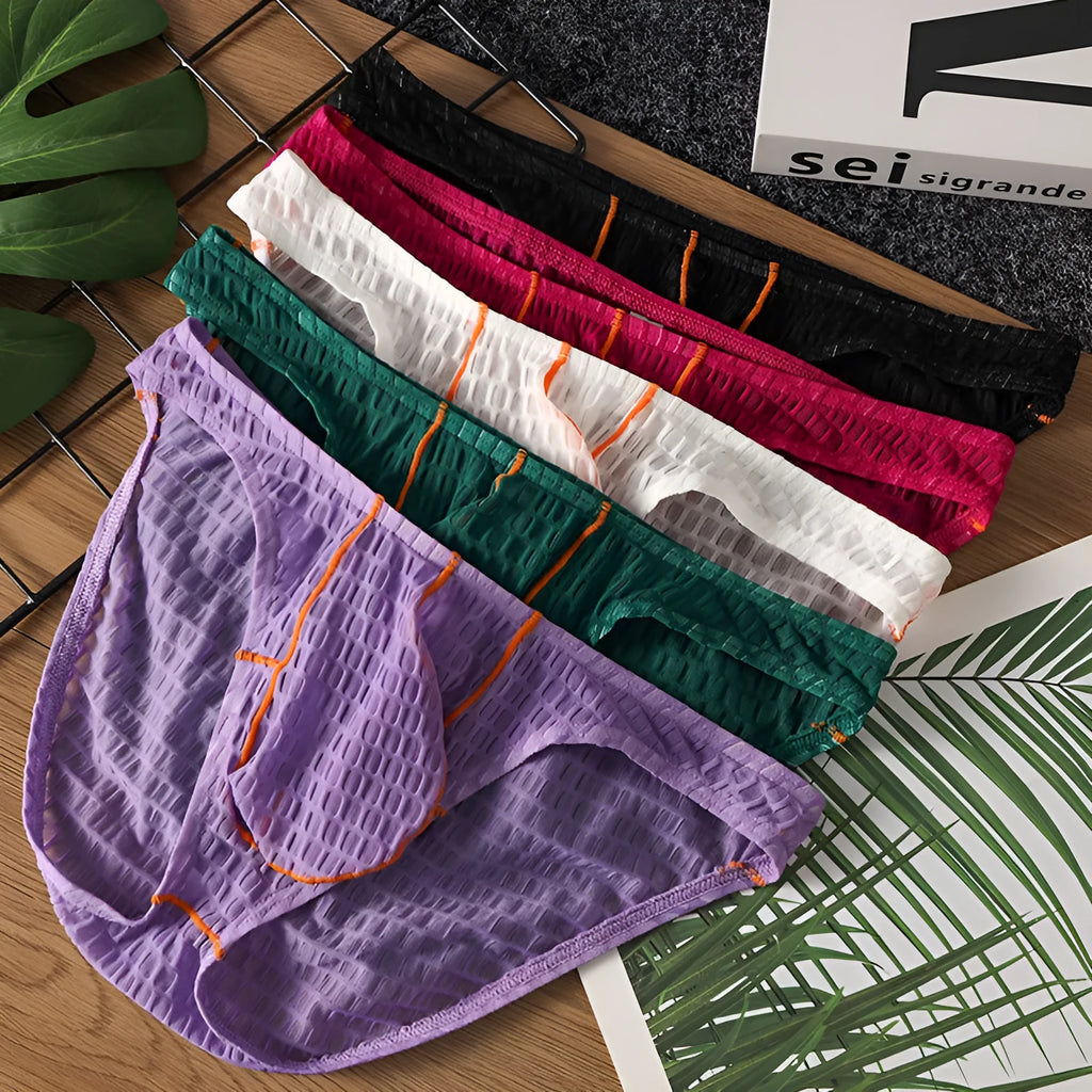 Men's ice silk low waist lace briefs in multiple solid colours on size chart