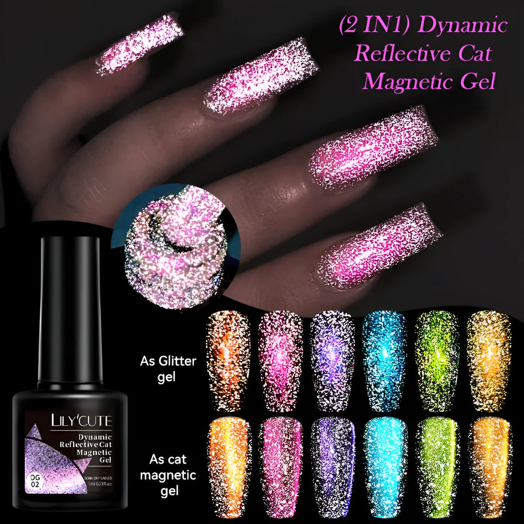 Cat eye nail polish gel with glitter and diamond fragments in six colour variations numbered 01 to 06