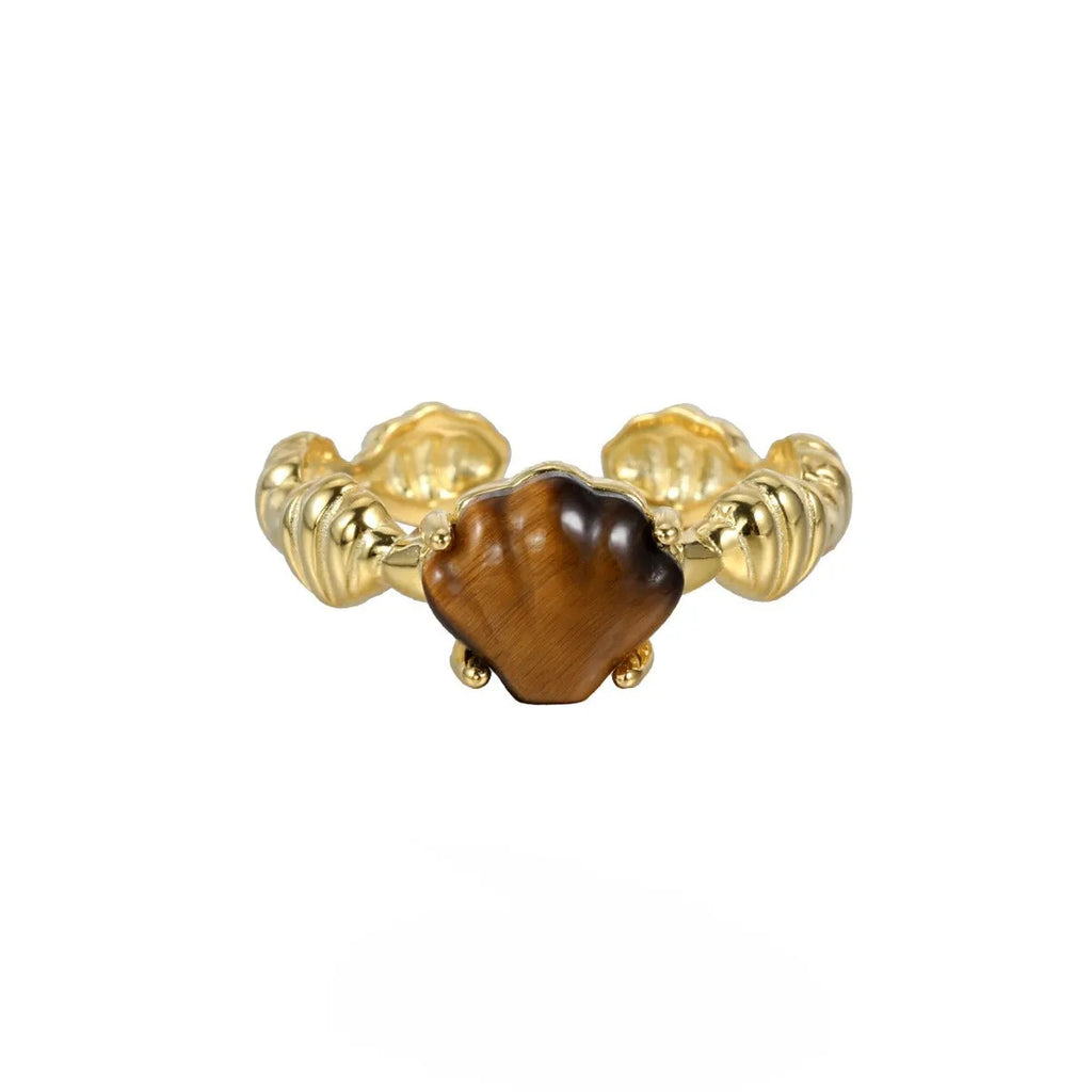 Women's adjustable silver ring with a shell tiger eye stone in white gold or gold colour.