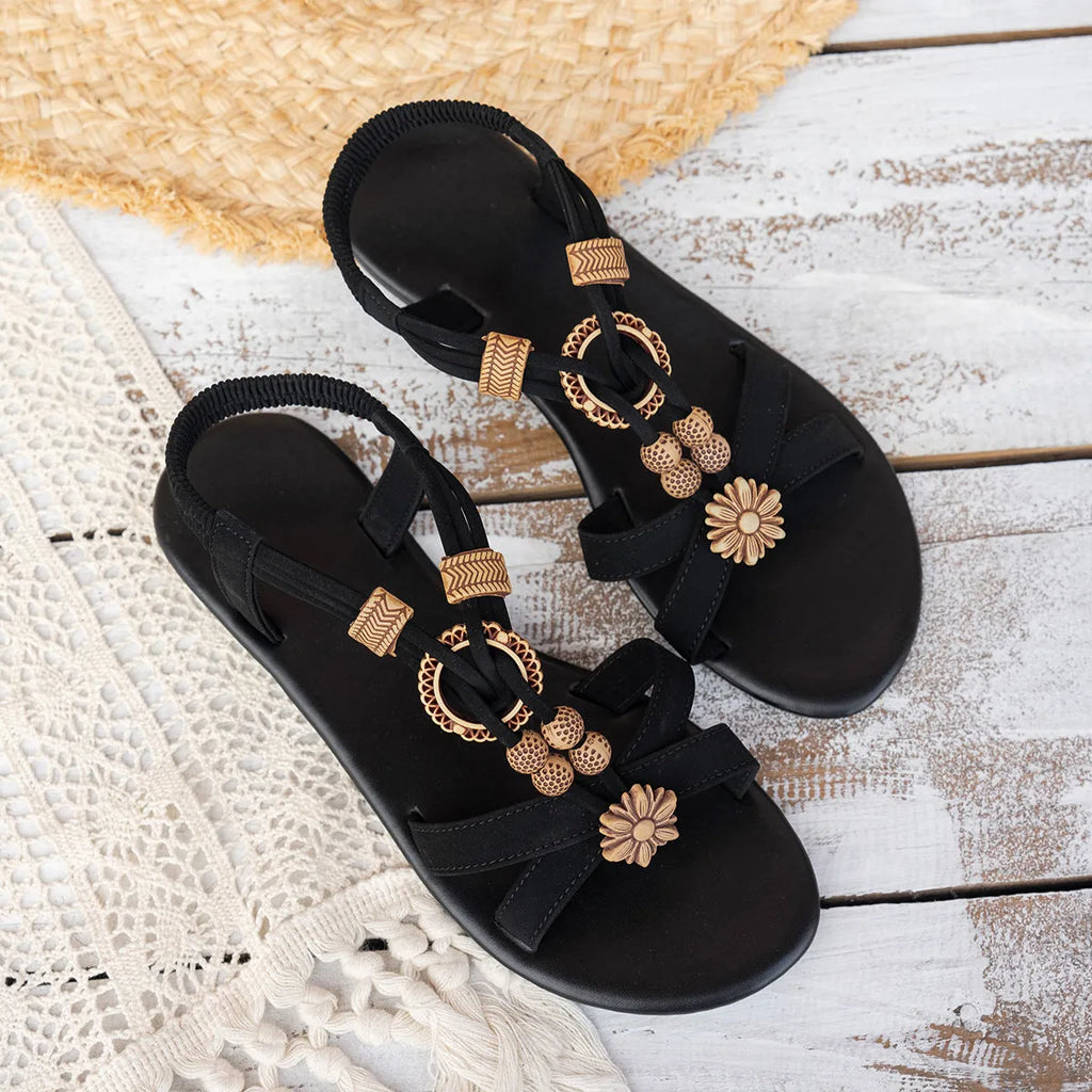 Black ethnic style women's flat beach sandals with beaded weave decoration and open toe design