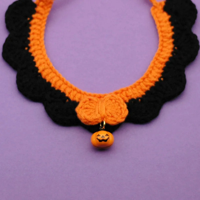 Hand crocheted Halloween pet collar in wool with adjustable sizing for dogs and cats