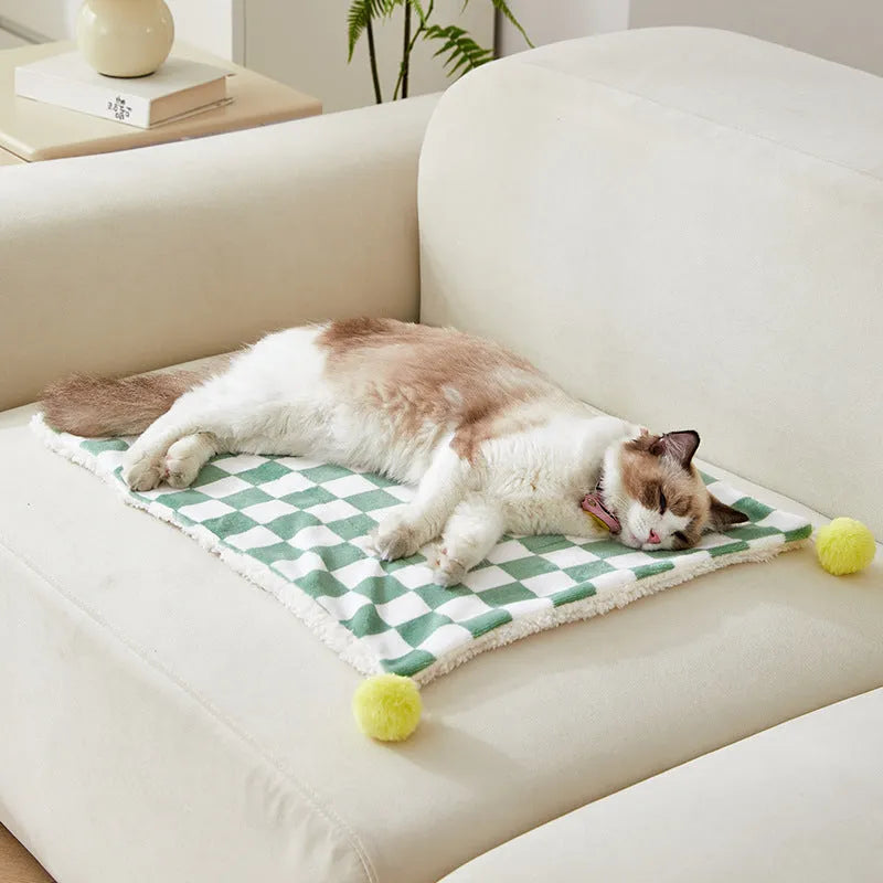 Green plaid pattern pet blanket with fur ball decoration on a sofa.