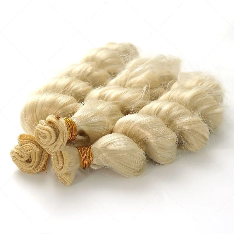 Golden synthetic hair weft wig for women shown in 18-inch, 20-inch and 22-inch length options.