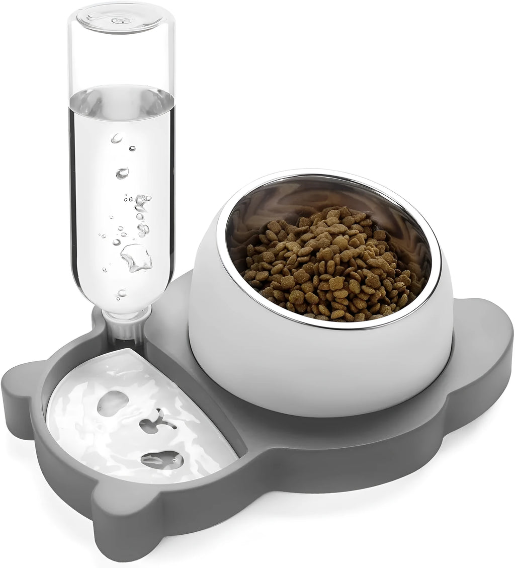 Grey panda-shaped pet feeder with tilted stainless steel bowl and automatic water bottle