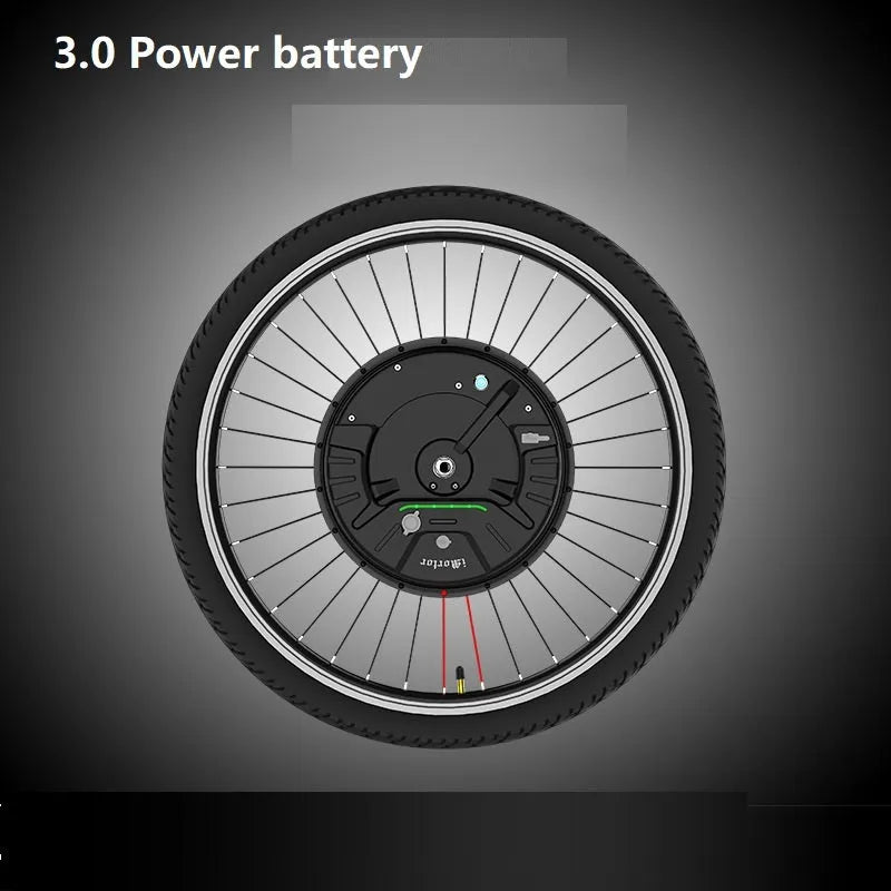 26-inch bicycle electric conversion kit showing alloy hub motor, lithium battery pack, and charger with plug options.