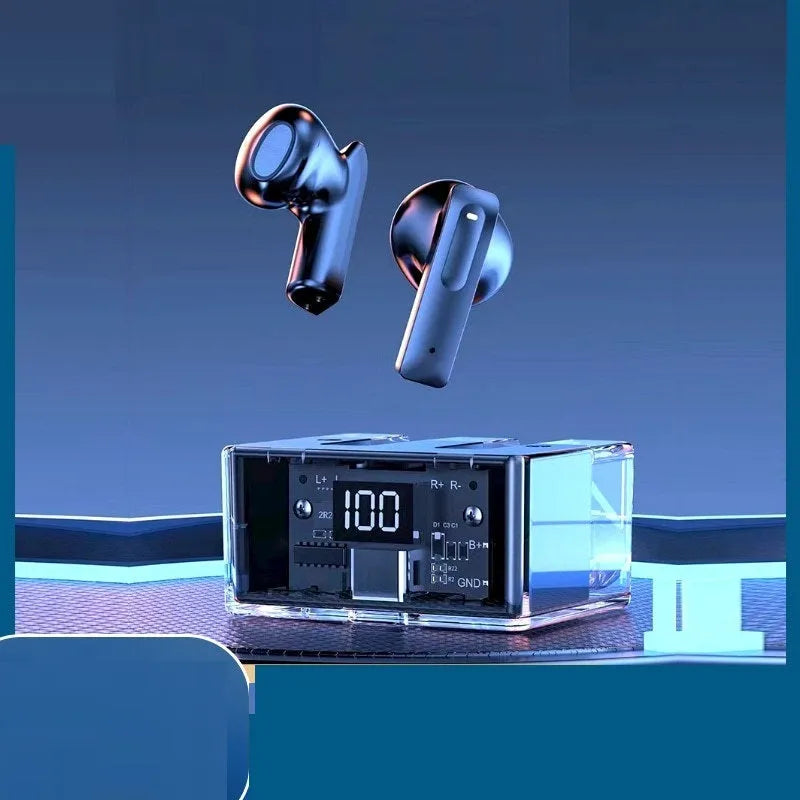 Transparent space capsule case containing true wireless Bluetooth earbuds with digital display screen