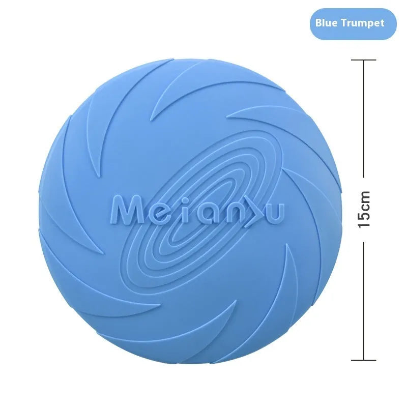 Soft rubber dog frisbee in red, blue, or green colours in small, medium, or large sizes