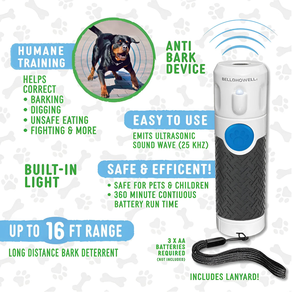 White handheld ultrasonic dog bark stop trainer on a plain background.