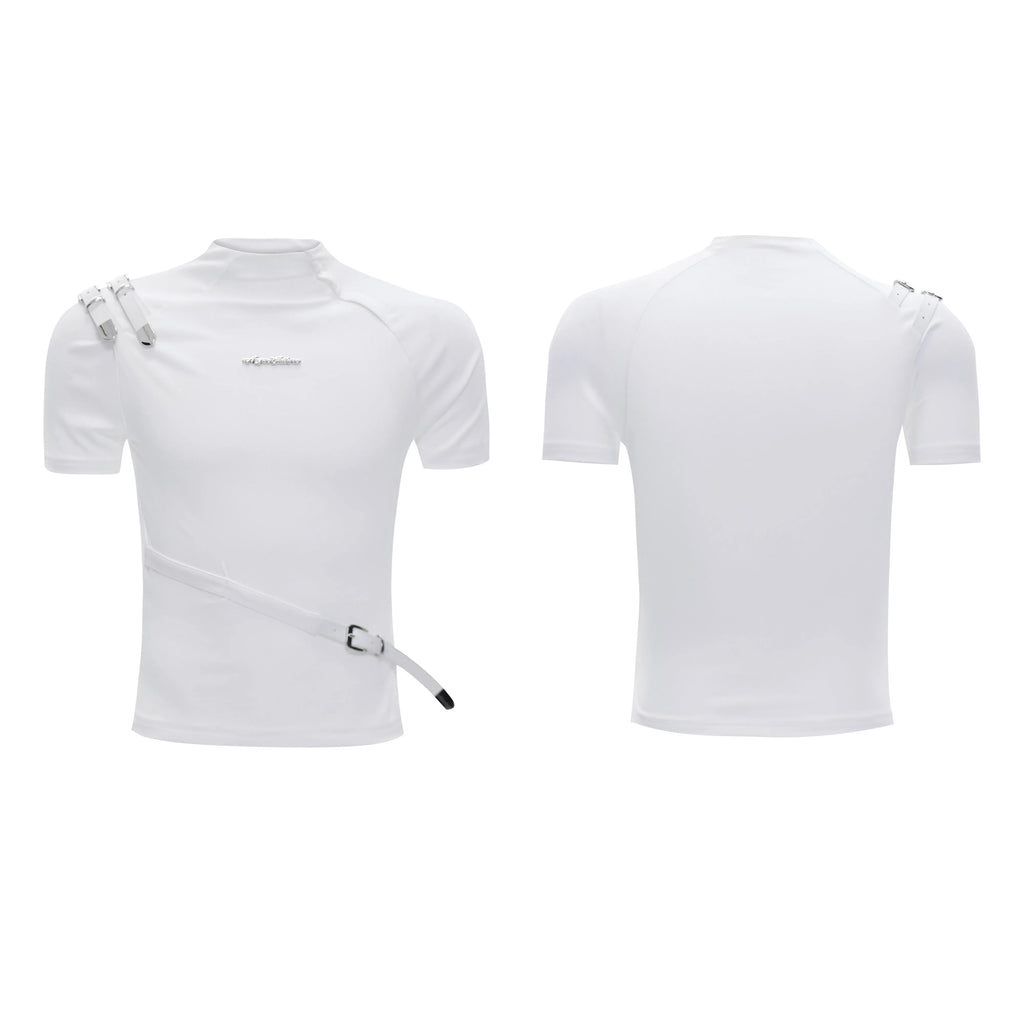 Men's black cotton short-sleeve T-shirt with a stand-up collar and metallic belt detail on a slim fit.