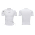 Men's black cotton short-sleeve T-shirt with a stand-up collar and metallic belt detail on a slim fit.