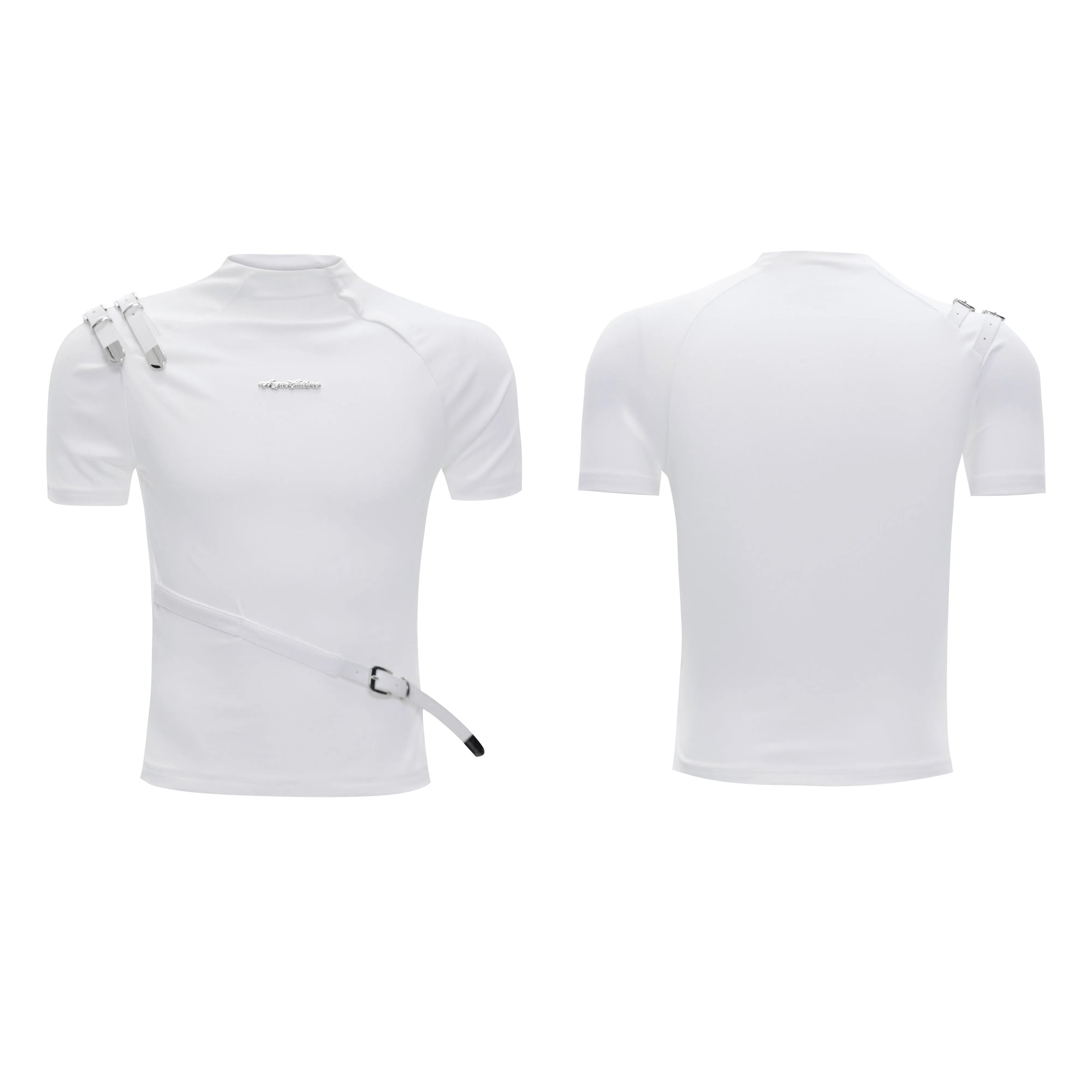 Men's black cotton short-sleeve T-shirt with a stand-up collar and metallic belt detail on a slim fit.