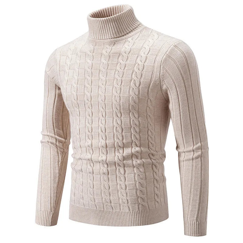 Men's slim fit chenille turtleneck pullover sweater in neutral colour on mannequin