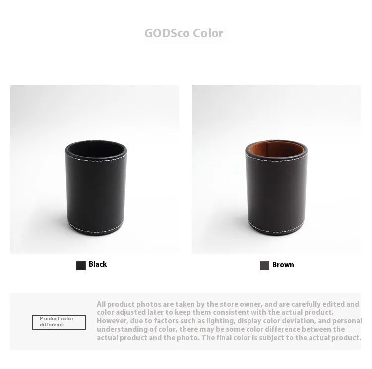 Round black leather pen container showing cylindrical shape and compact size for desk organisation.