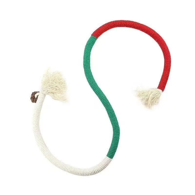 Long purple, orange, and red-with-green cotton rope cat toys stuffed with catnip for biting and playing.