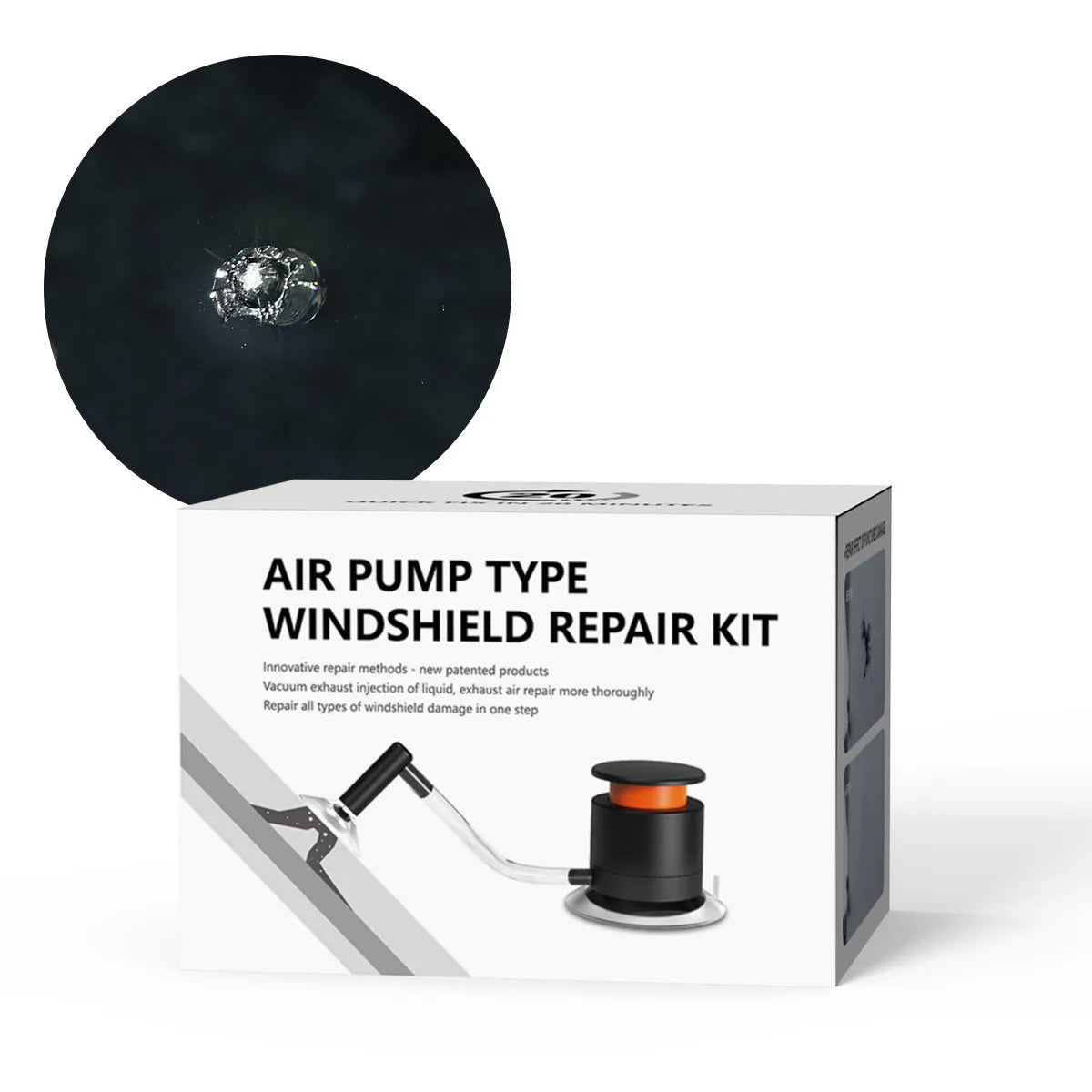 Car windshield crack repair kit showing plastic tool and glass corrector solution bottle