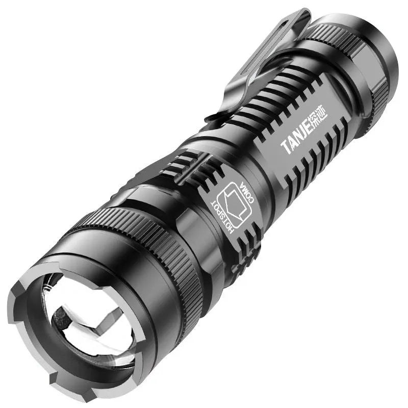 Black aluminium alloy telescopic LED torch with clip, showing extended and retracted zoom positions
