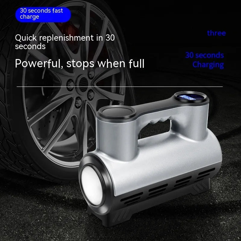 Black 12V portable car tyre inflator with digital display, hose, and nozzles on a grey background.