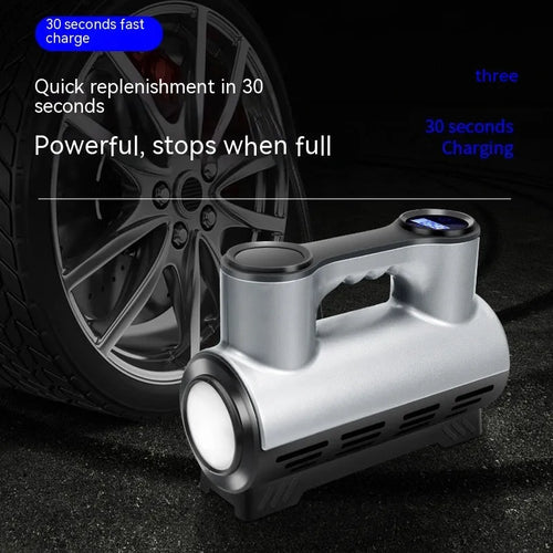 Black 12V portable car tyre inflator with digital display, hose, and nozzles on a grey background.