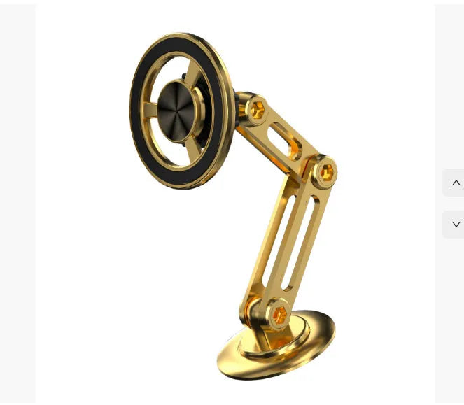 All-metal magnetic car phone holder in black, silver, gold, and rose gold with magnetic rings and adhesive pads.