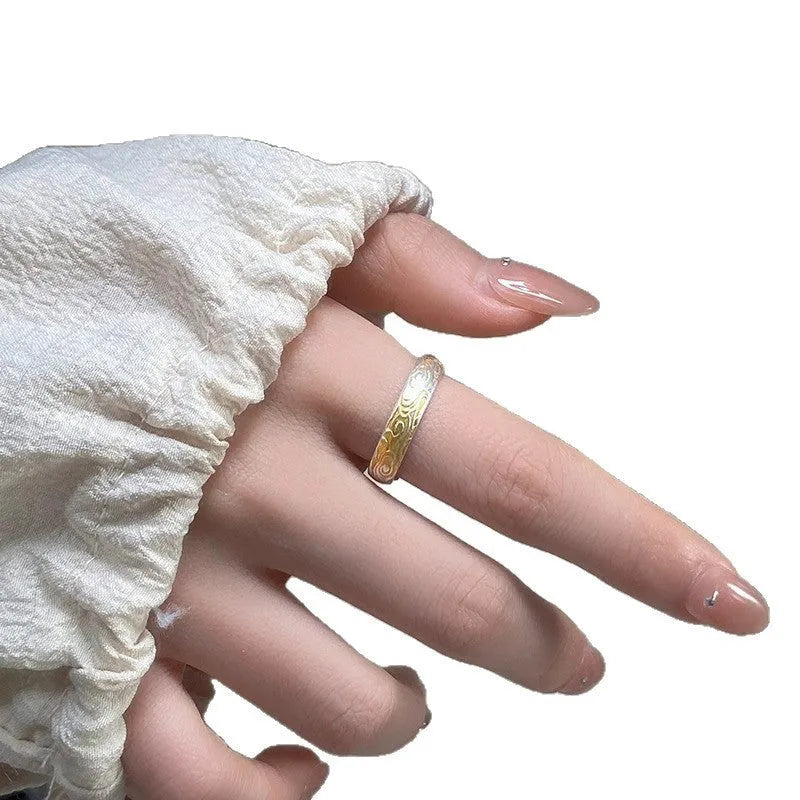 White copper open mouth ring with J14 Xiangyun geometric pattern, fairy style.