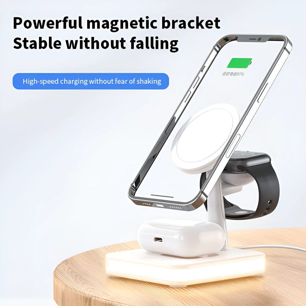 Three-in-one magnetic wireless charger stand for phone, watch, and headphones in black with LED indicator