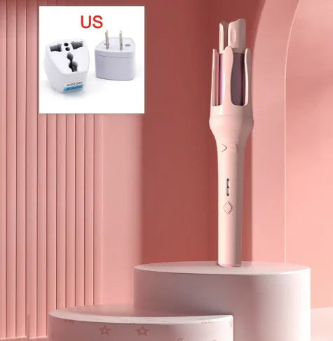 Automatic hair curler with 32mm ceramic barrel in pink, showing wired power cord and included US/EU travel adapters.